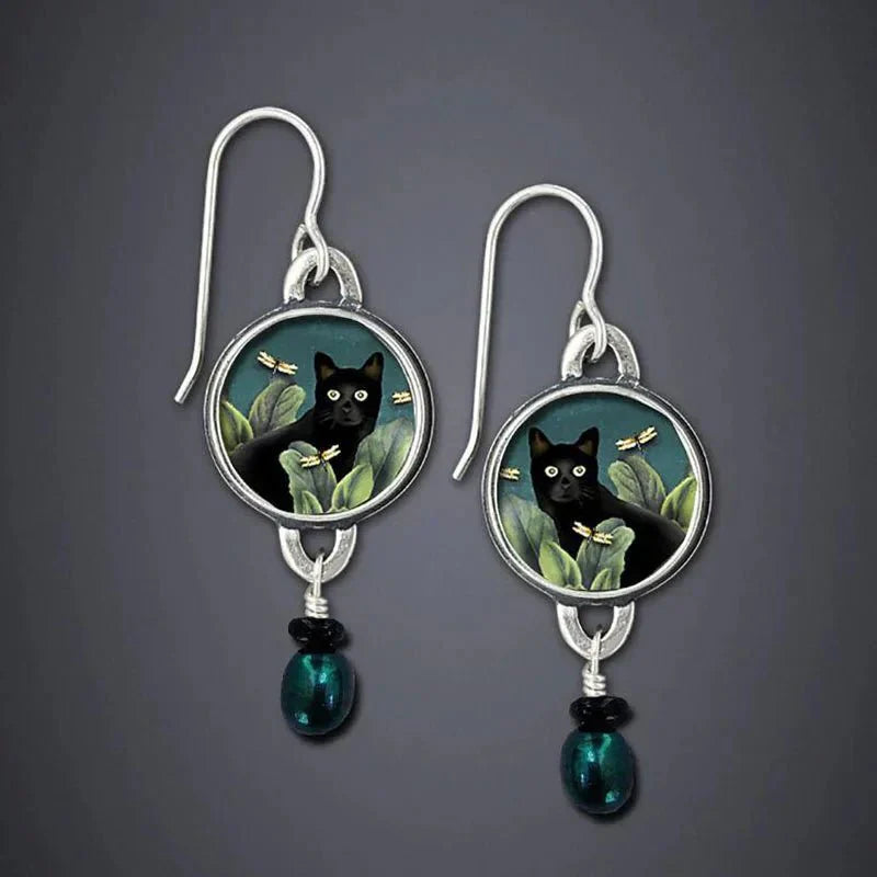 Brincos Pendentes de Gato Preto Vintage
