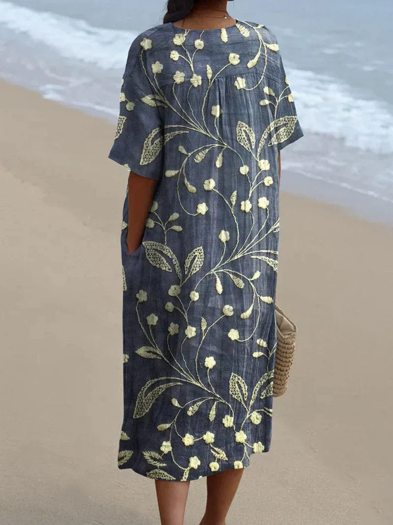 Vestido Casual Flowy de Arte Floral Vintage Feminino